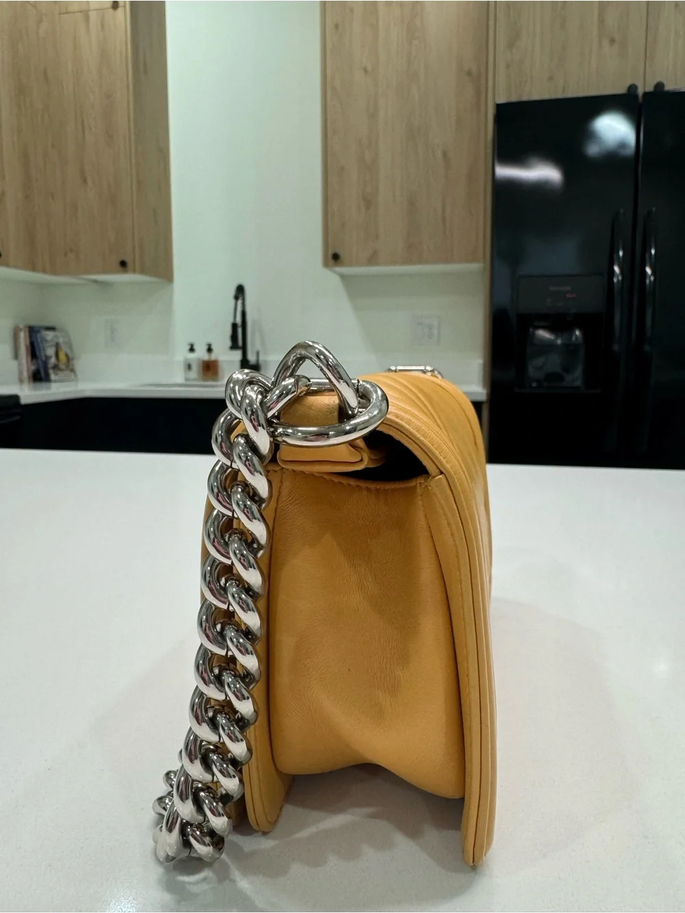 CHANEL Yellow Quilted Chevron Boy Crossbody with Silver Hardware